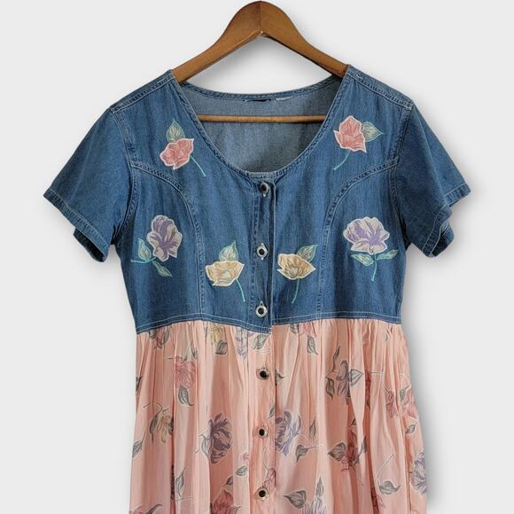 Demin Vintage 90s Floral Embroidered Maxi Dress | Size Large - Picture 1 of 7
